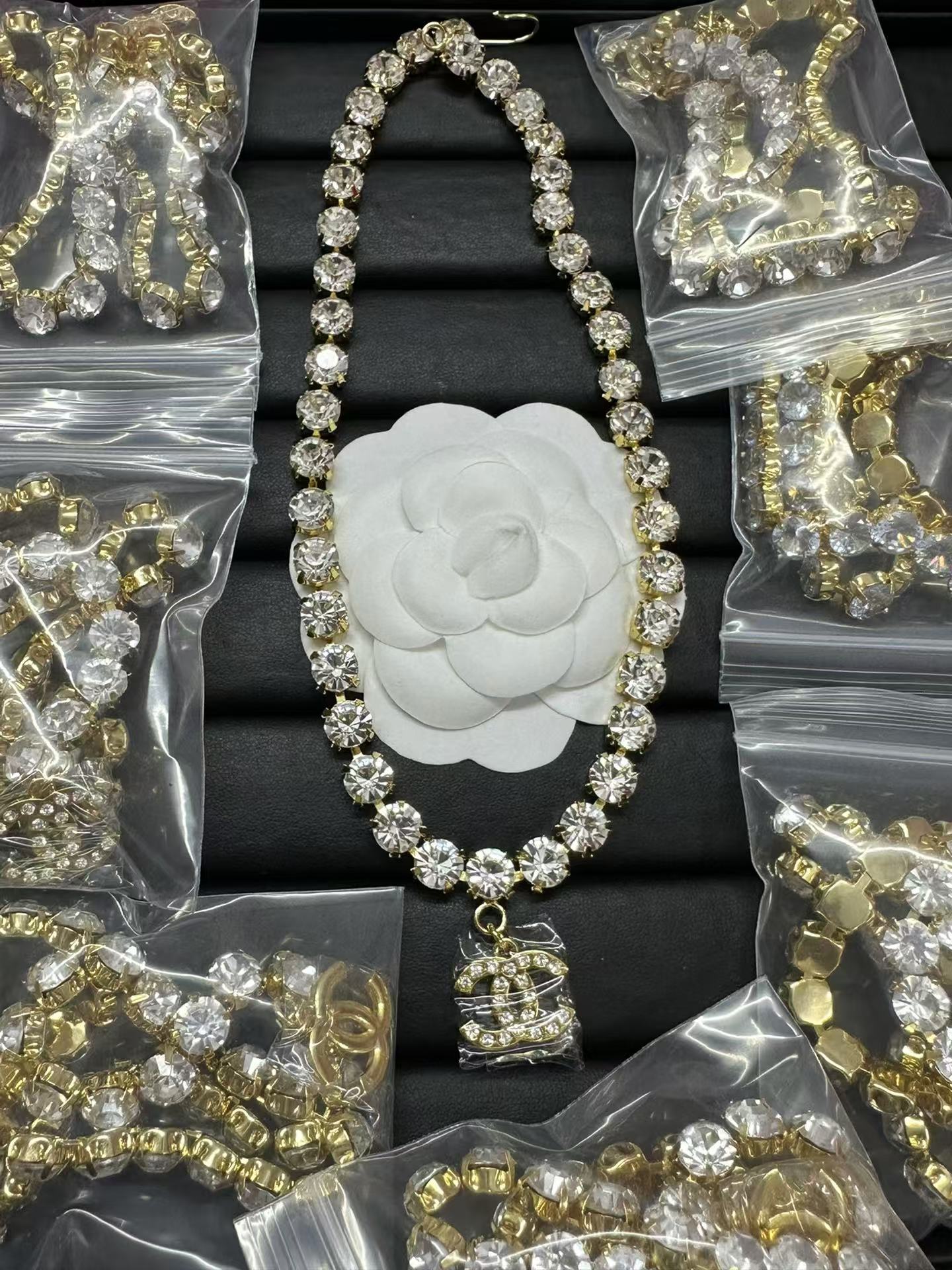 Chanel Logo Pendant Rhinestone Strass Chain Necklace