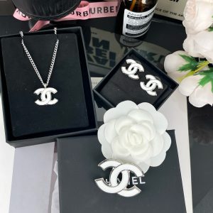 Chanel White Enamel CC Earrings Necklace Brooch