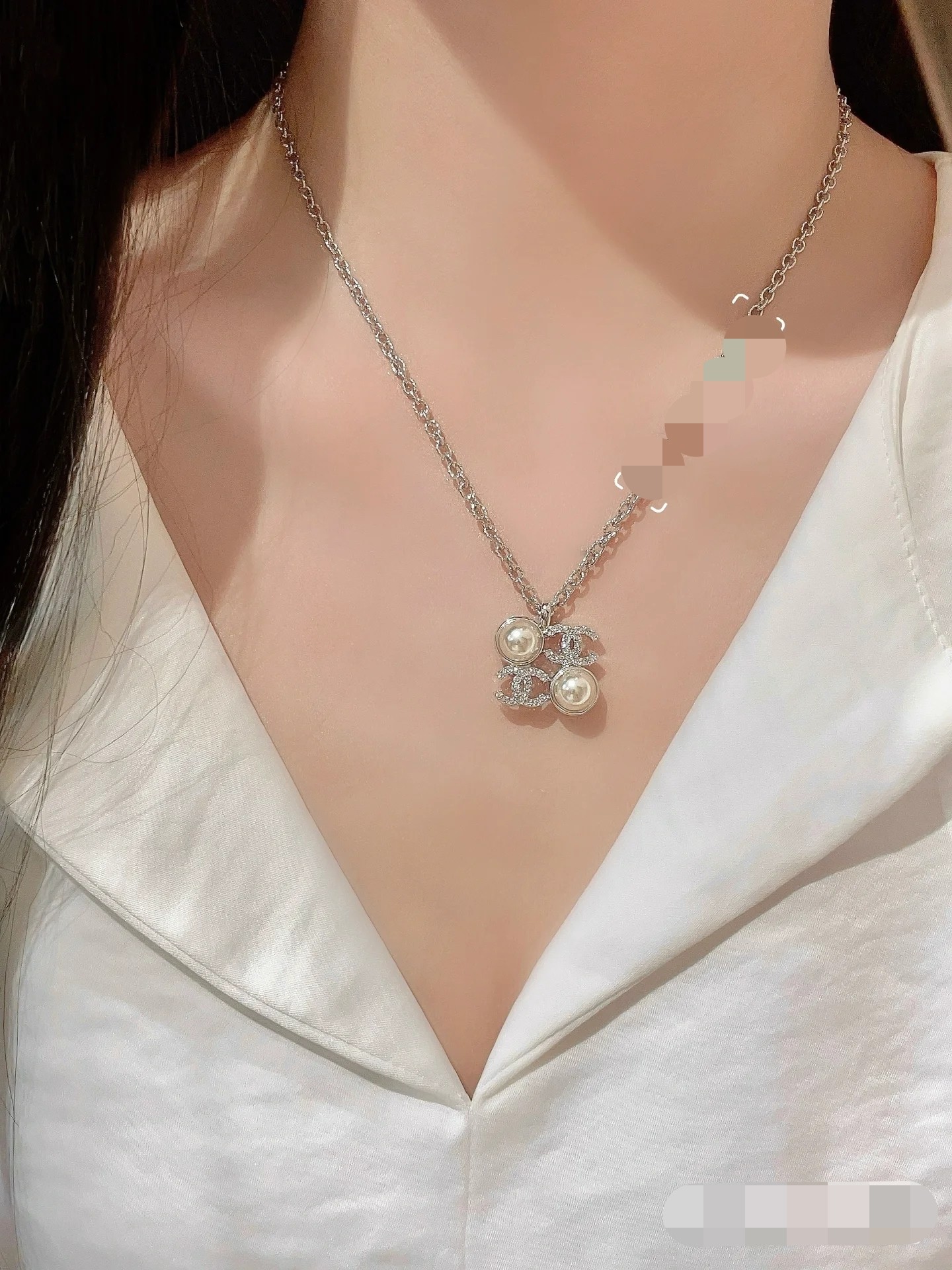 Chanel Silver Square Coco & Pearls Pendant Necklace - Image 7
