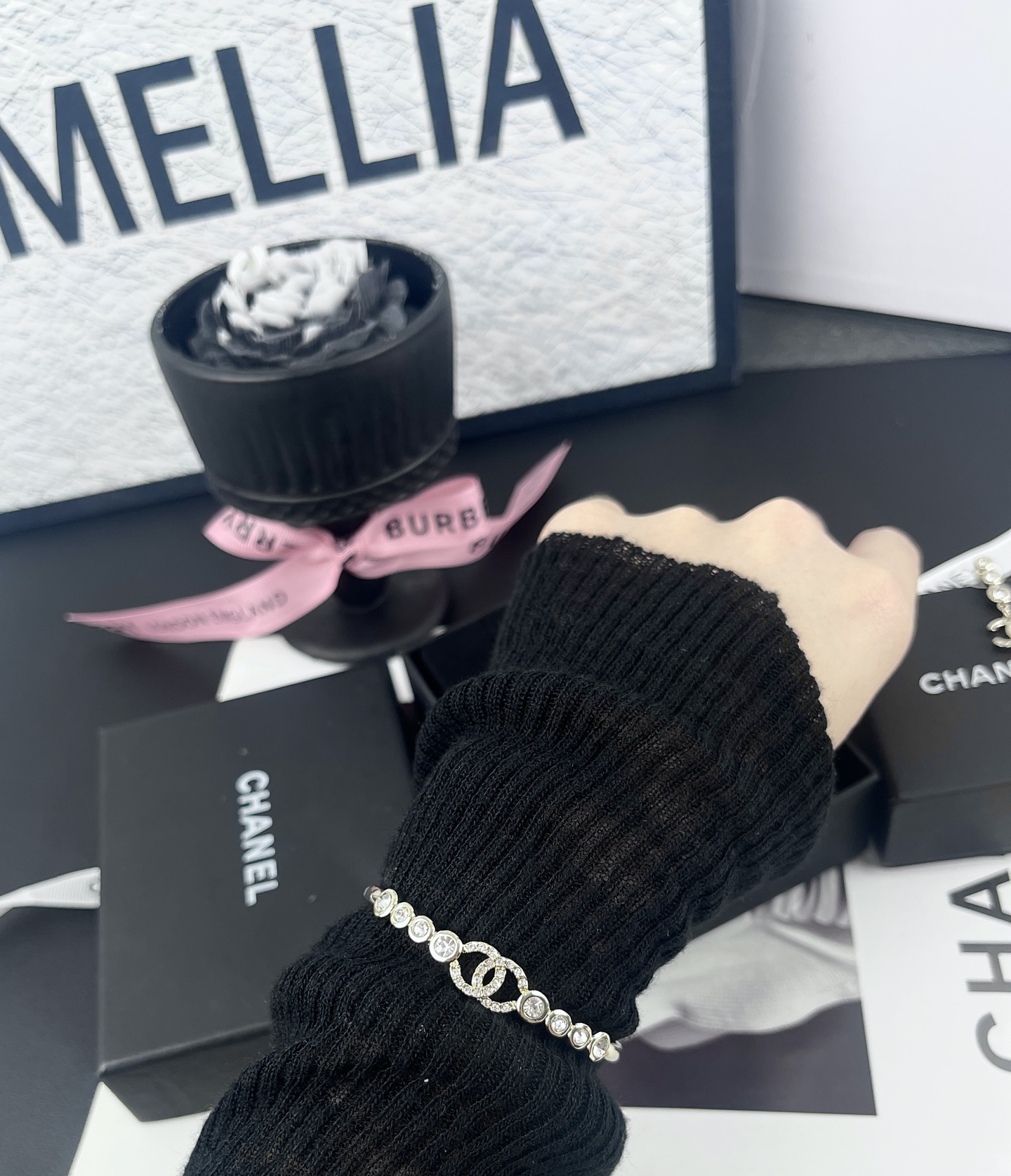 Chanel Rhinestone Open Cuff Bangle Bracelet - Image 2