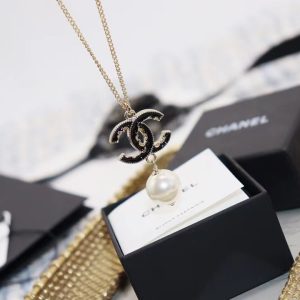 Chanel Black Double C Pearl Drop Pendant Necklace