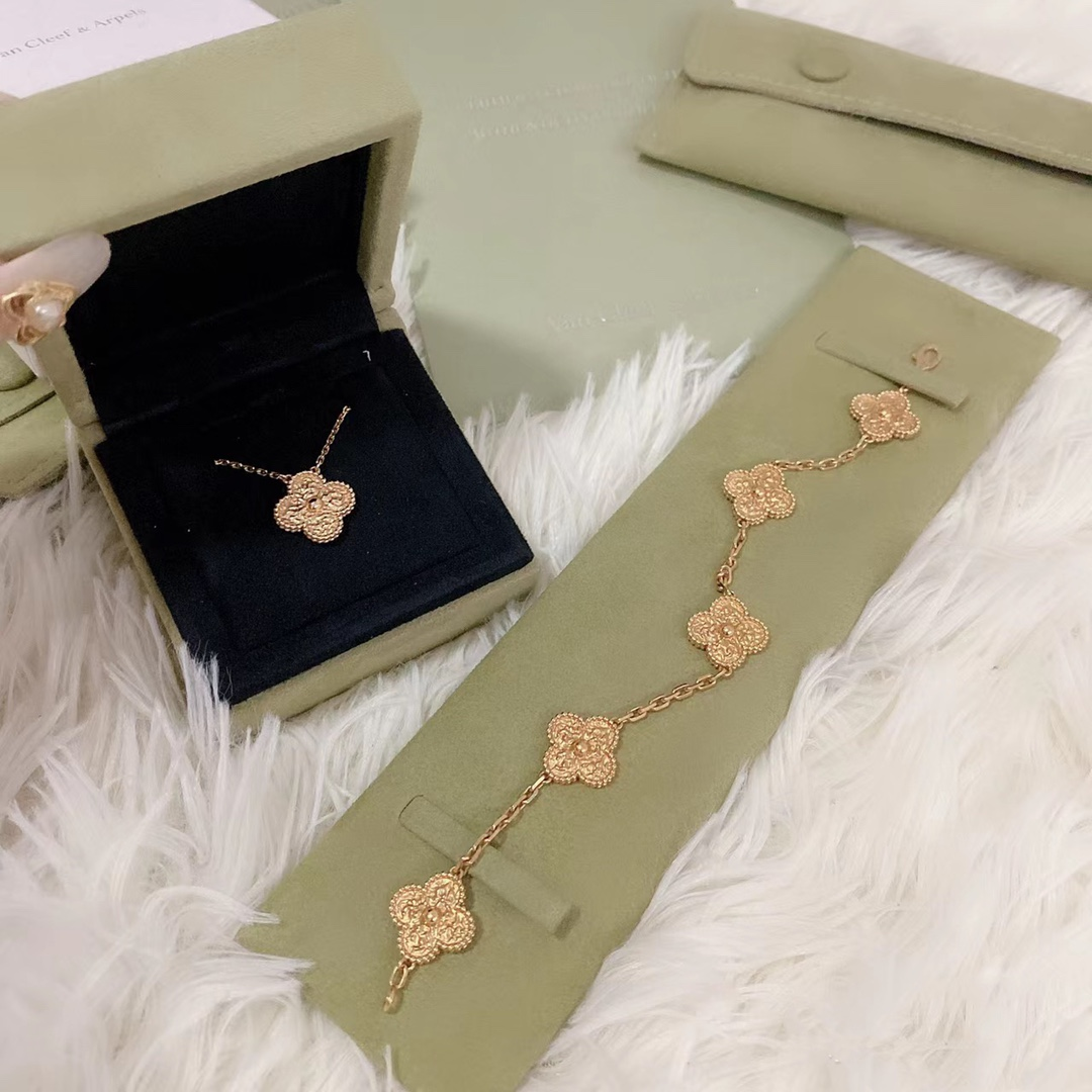 VCA Vintage Alhambra Bracelet Necklace, 5Motifs, Rose Gold,No Diamond