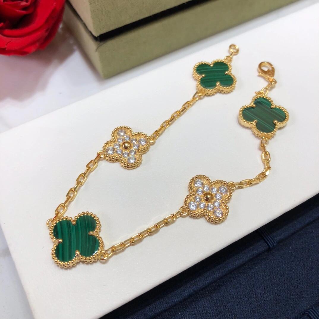 VCA Diamond and Malachite Vintage Alhambra Bracelet in Gol-tone, 5 Motifs - Image 3