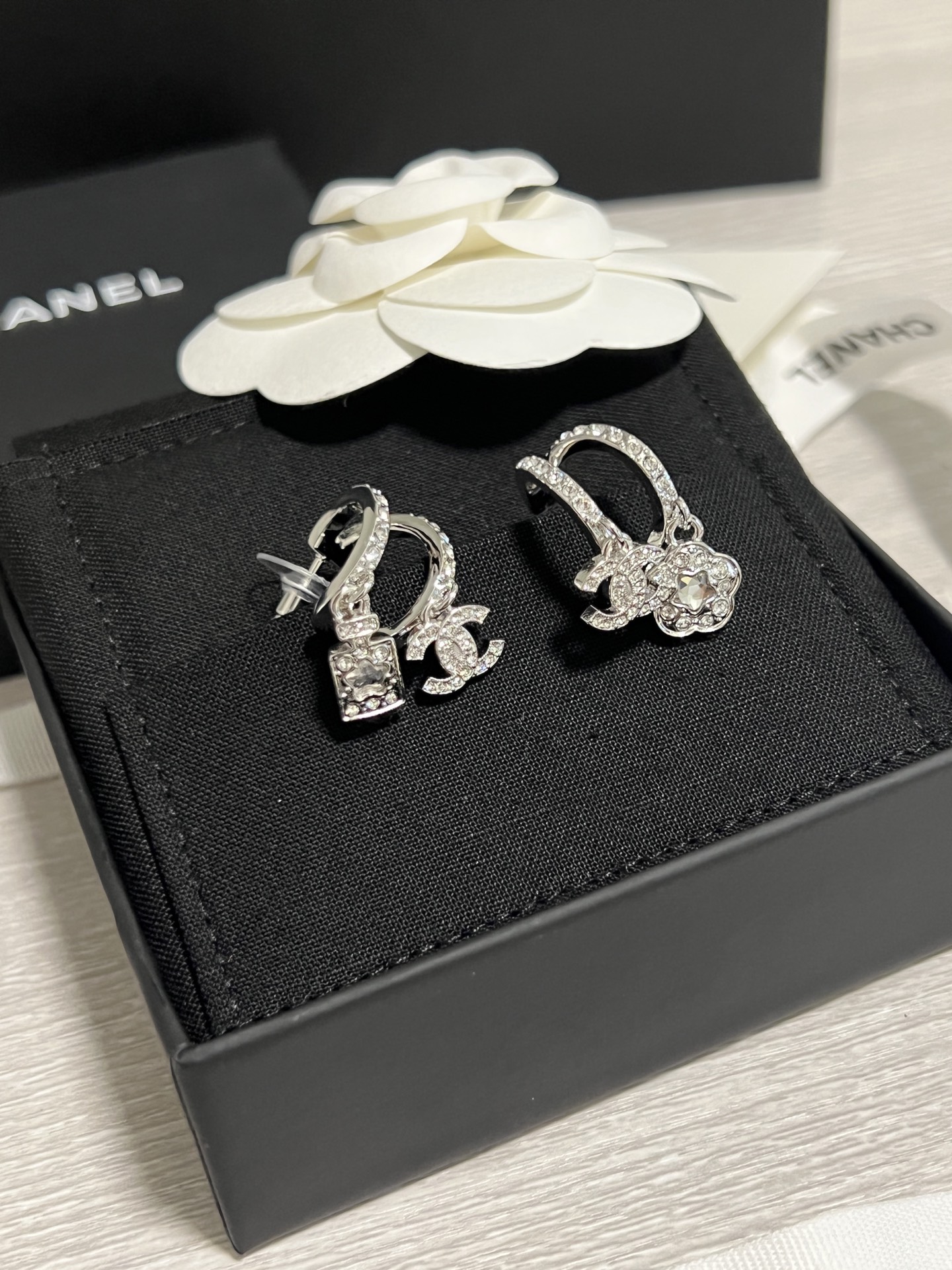 Chanel Asymmetric Silver Earrings with Rhinestone Perfume Bottle Camellia CC Dangle - Image 3