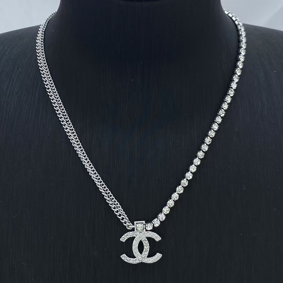 Chanel Half Rhinestone Chain Half Cuban Chain Necklace
