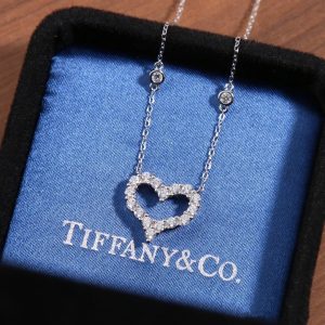 Tiffany Diamond Paved Love Heart Pendant Necklace in White Gold Color