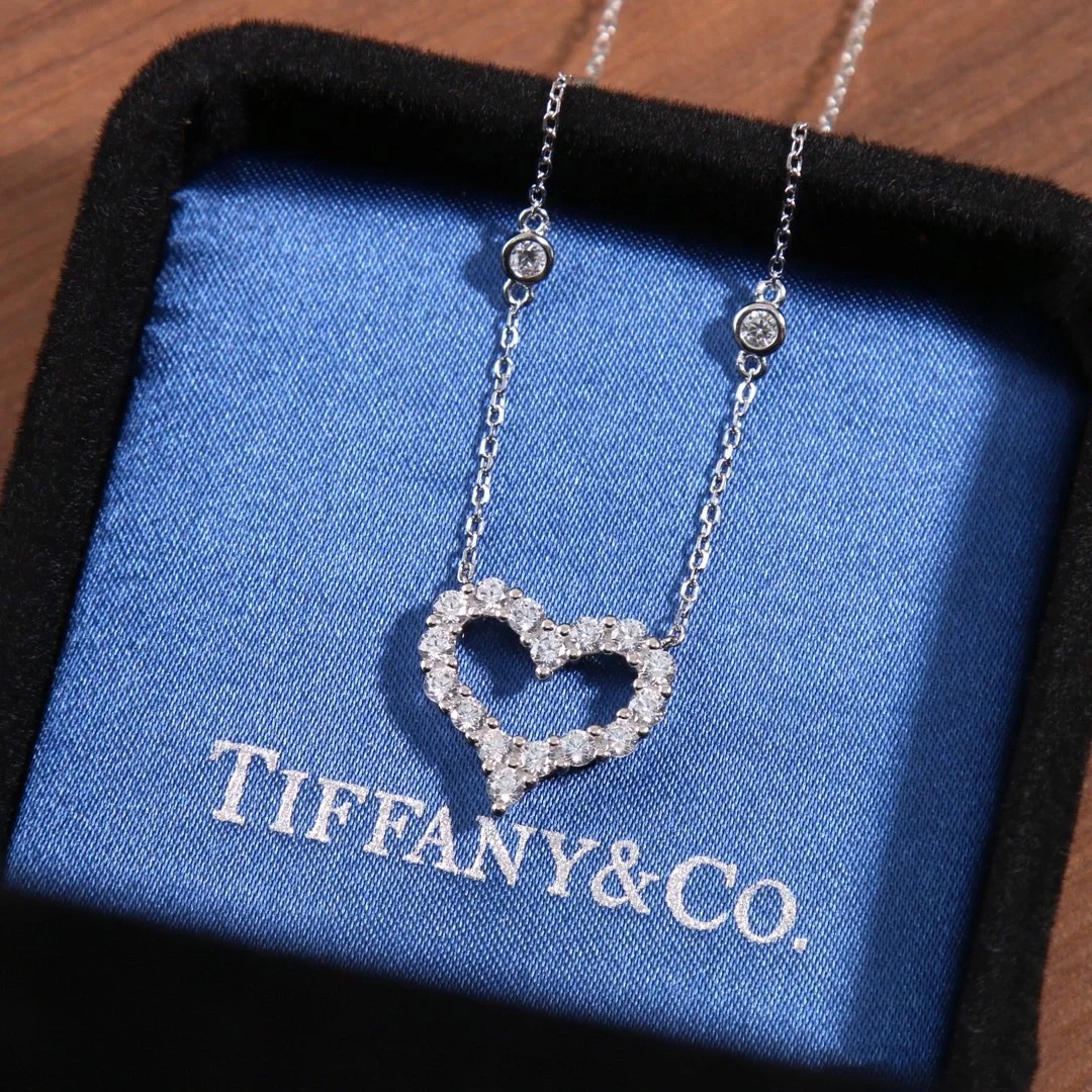 Tiffany Diamond Paved Love Heart Pendant Necklace in White Gold Color