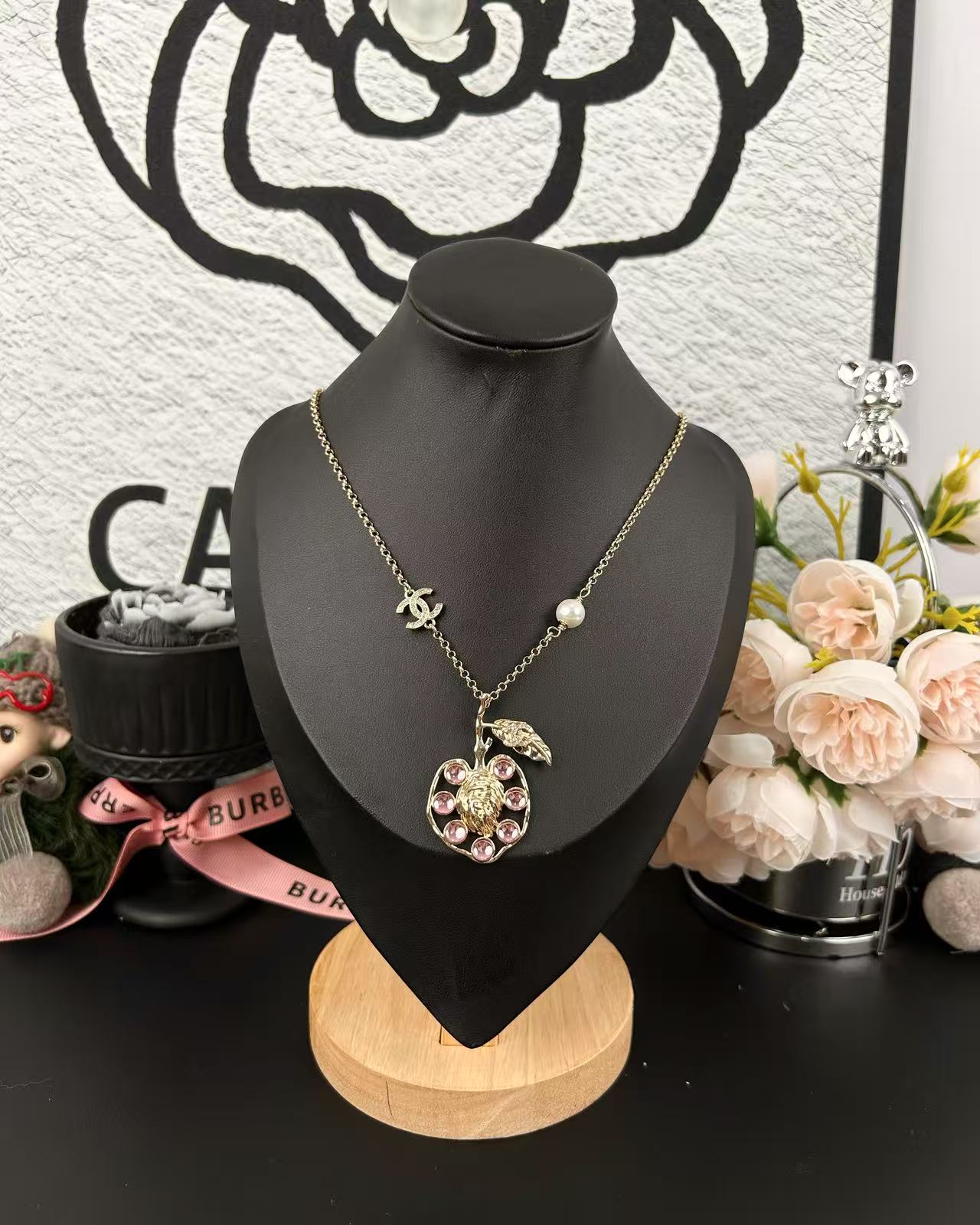Chanel Pink Rhinestone Peach Pendant Necklace - Image 3