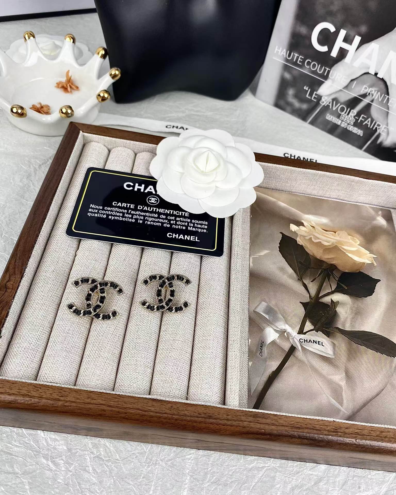 Chanel Light Gold & Black Leather Double C Earrings - Image 6