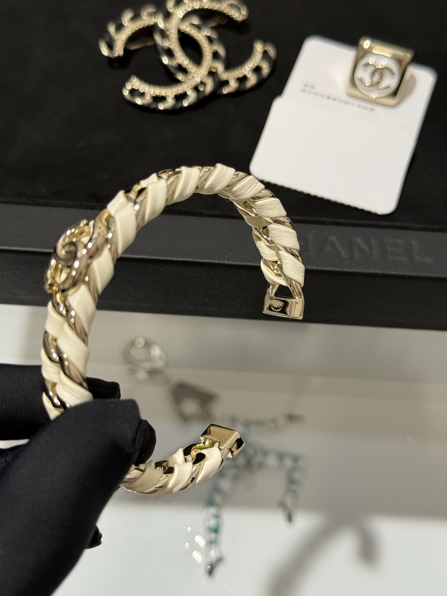 Chanel 26C Leather with Chain Bracelet Cuff Bangle - Image 11