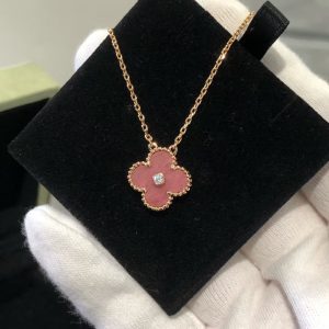 VCA Rhodonite Vintage Alhambra Diamond 2021 Holiday Pendant Necklace