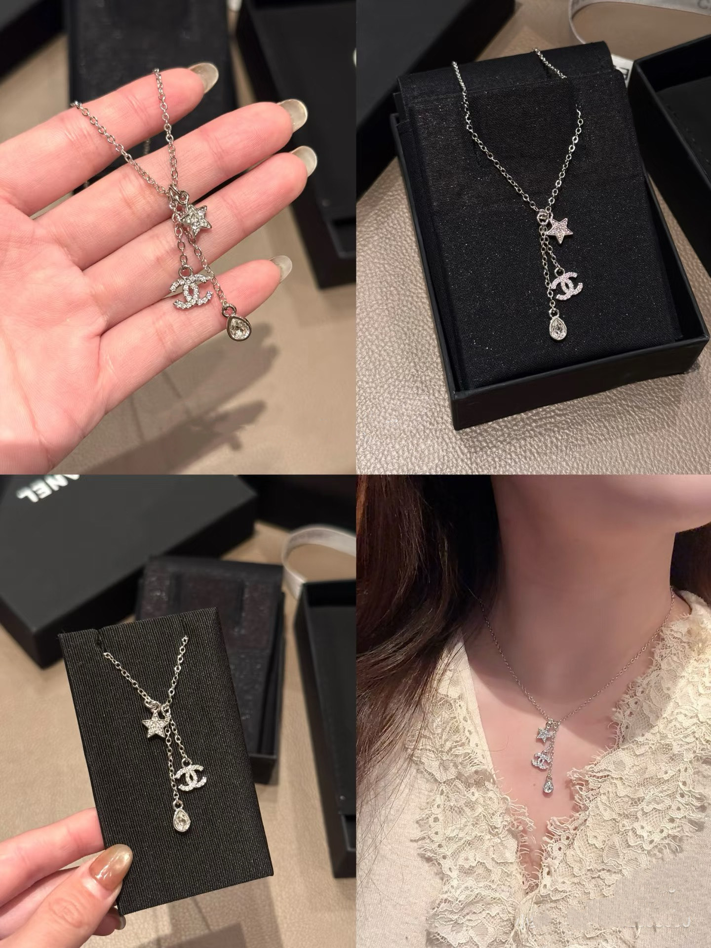 Chanel Silver Necklace with Star Teardrop CC Pendant - Image 2