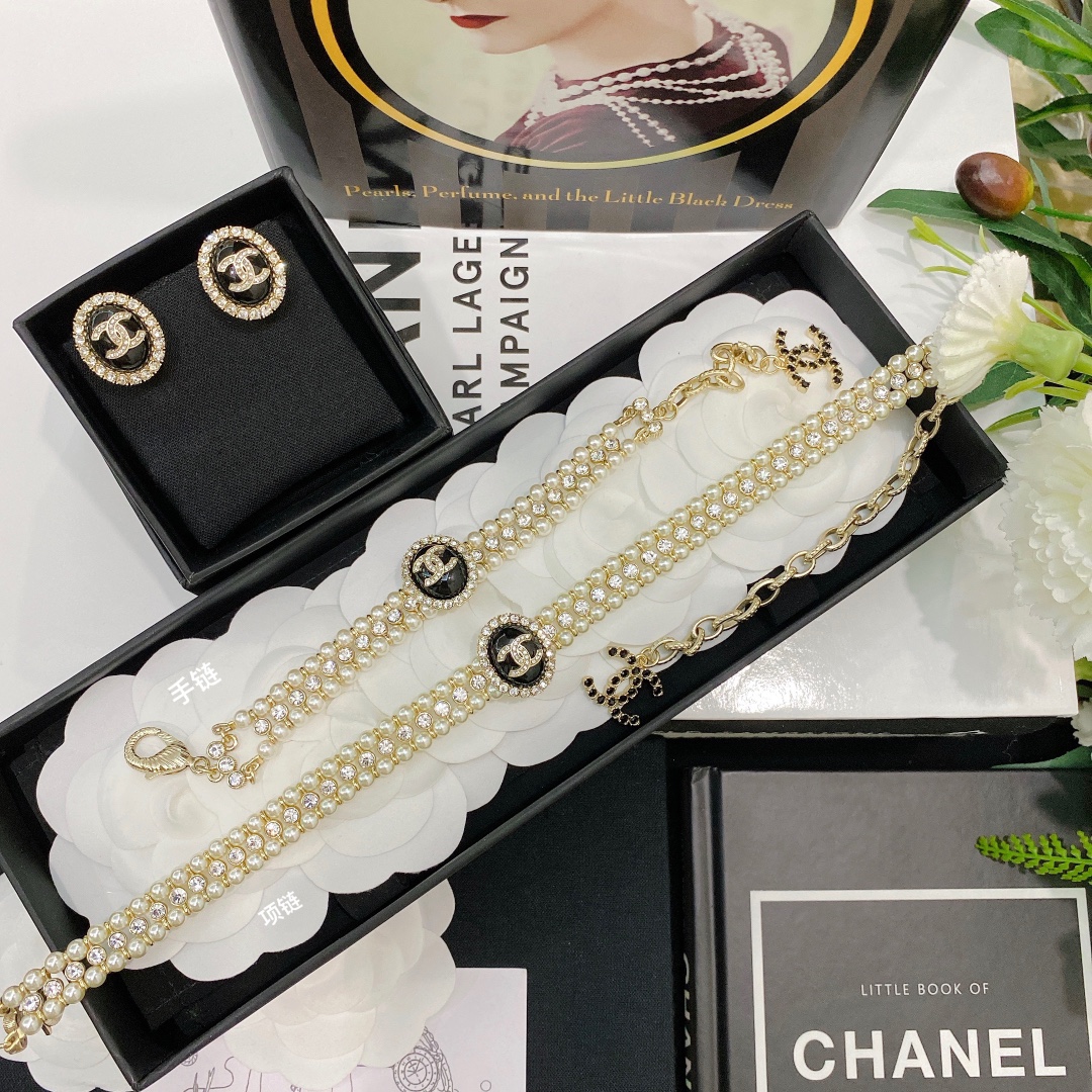 Chanel 3 Rows Pearl Rhinestone Bracelet Earrings Choker Necklace - Image 2