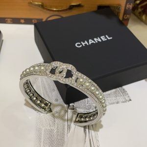 Chanel 24S CC Pearls Silver Cuff Bangle Bracelet