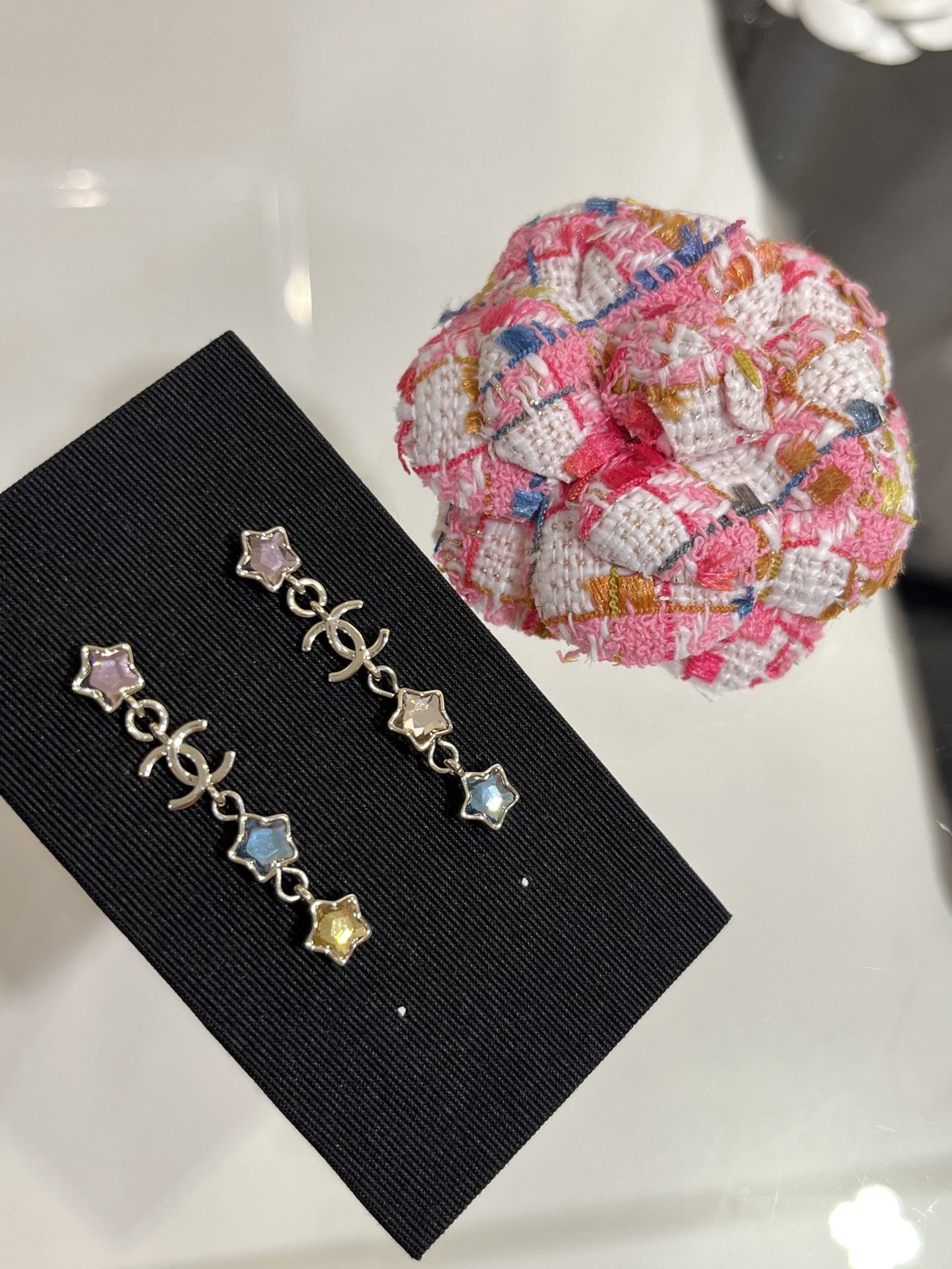 Chanel Asymmetric Colorful Crystal Star Tassel Earrings