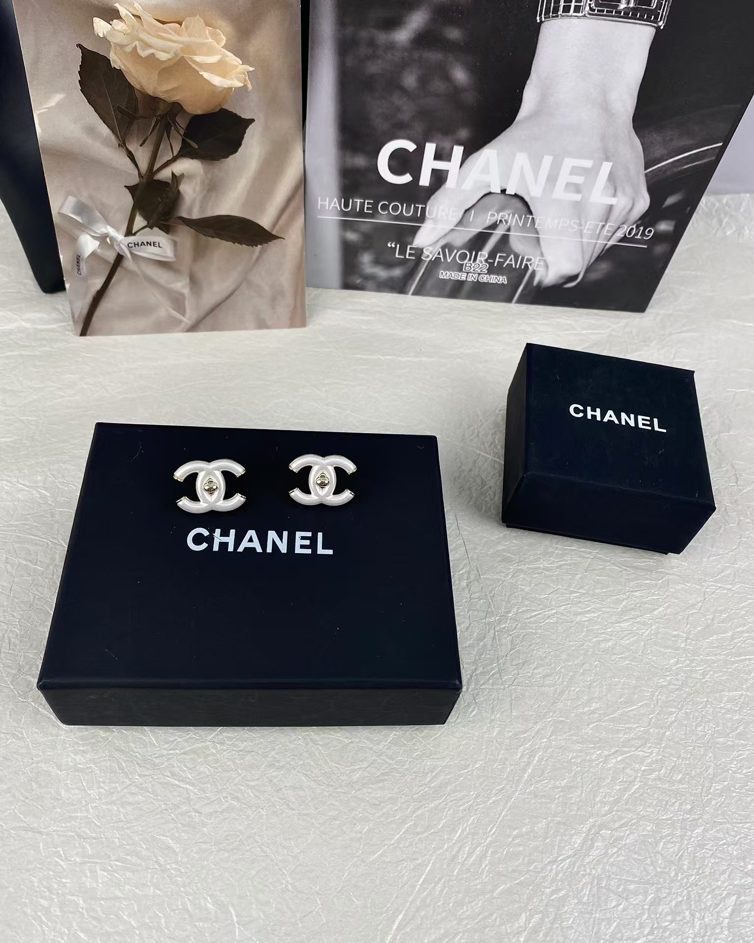 Chanel White Double C Stud Earrings - Image 4