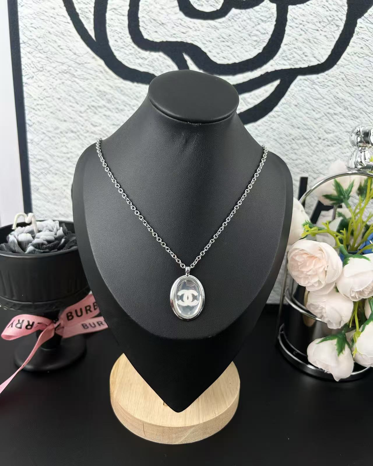 Chanel Silver Mirror Surface Oval Pendant Necklace
