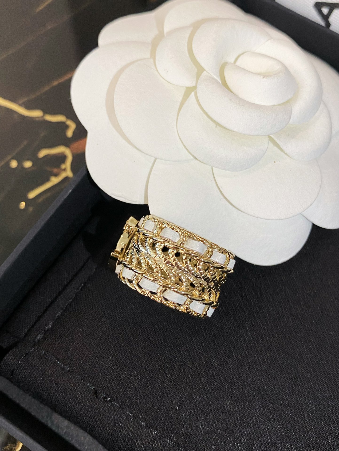 Chanel Wide Hollow Leather Wrap Vintage Ring - Image 3