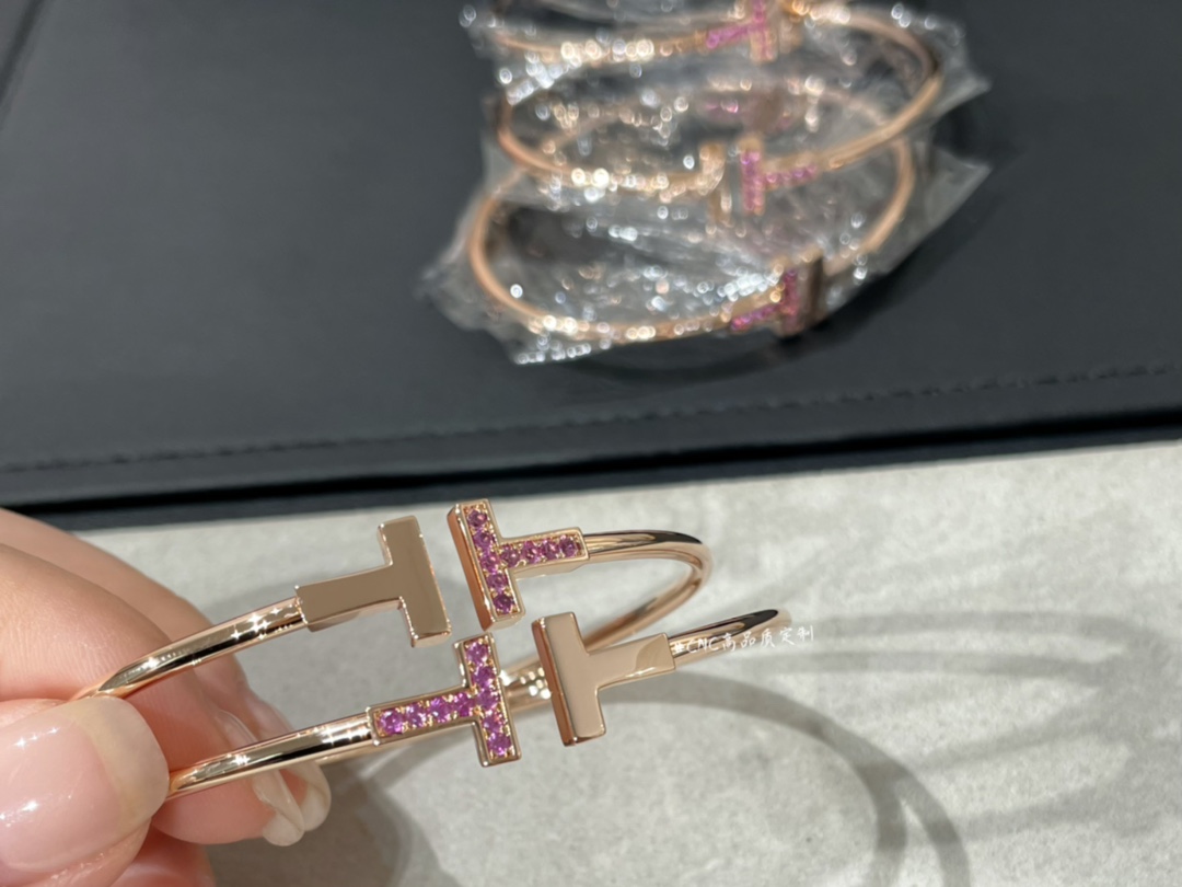 Tiffany Paved Pink Diamond Double T Bangle Bracelet - Image 4