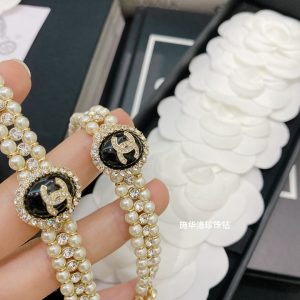 Chanel 3 Rows Pearl Rhinestone Bracelet Earrings Choker Necklace