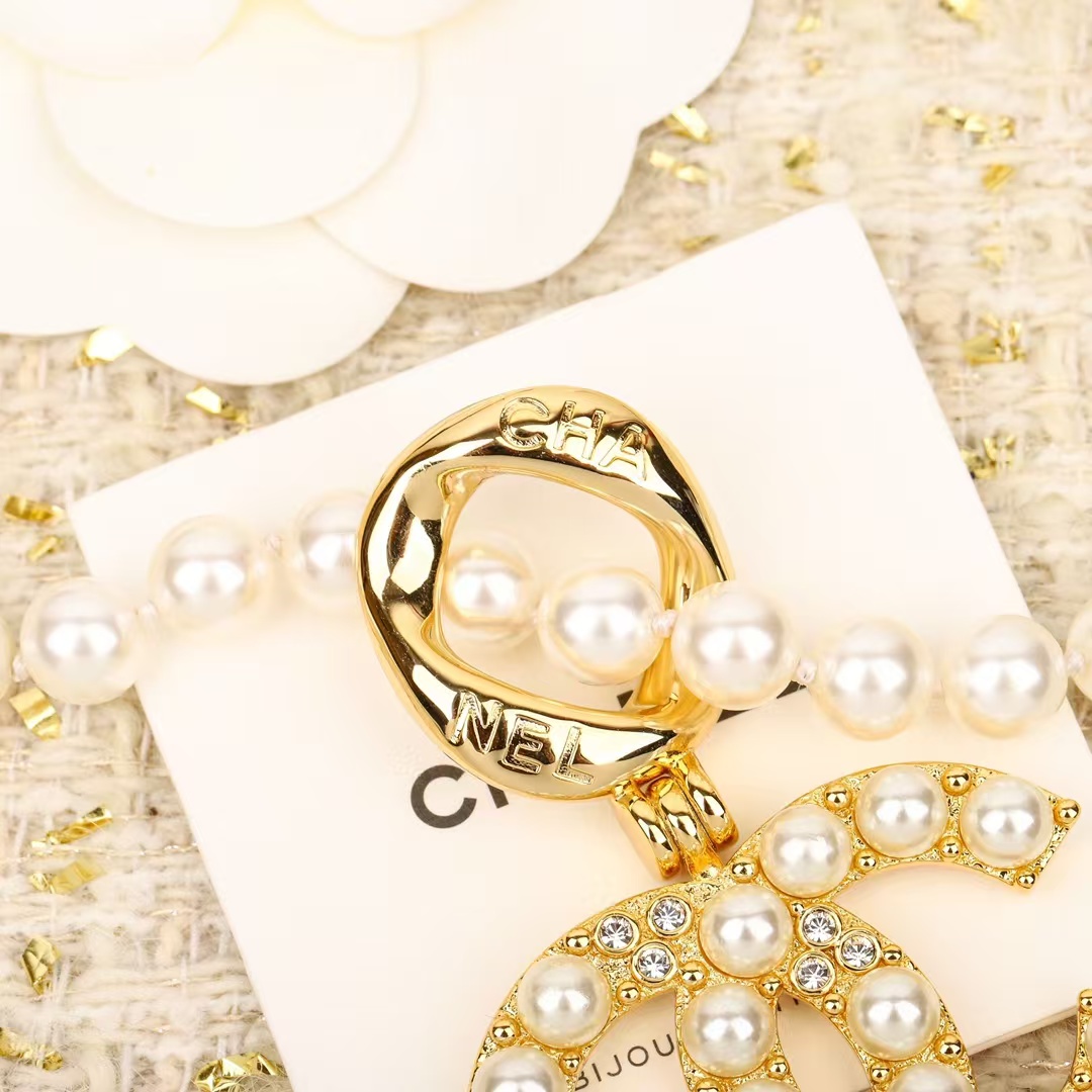 Chanel Diamond Pearl Paved Double C Pendant Pearl Necklace - Image 5