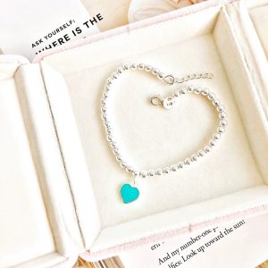 Tiffany Blue Enamel Heart Tag Bead Bracelet in Silver Color