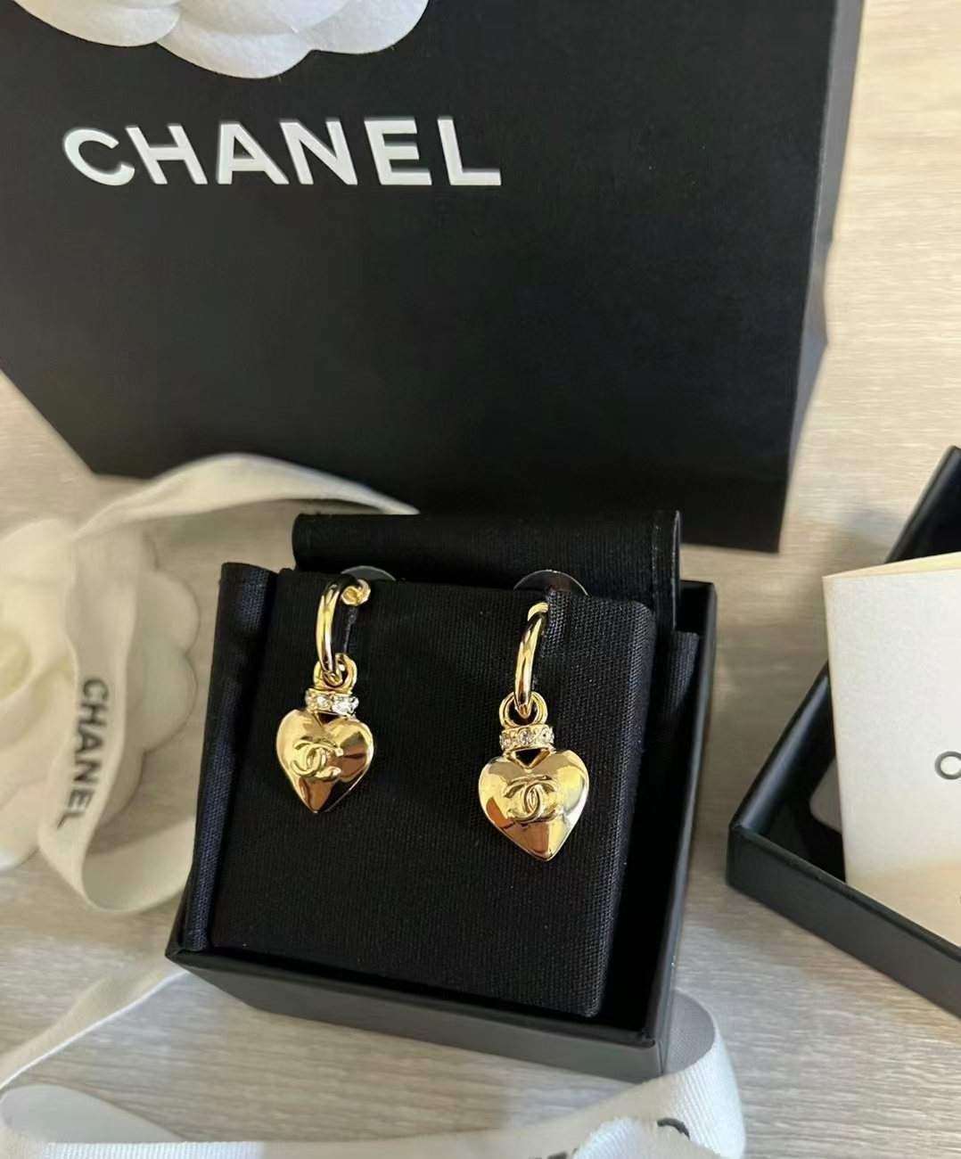 Chanel Gold Hoop with Heart Dangle Earrings - Image 2