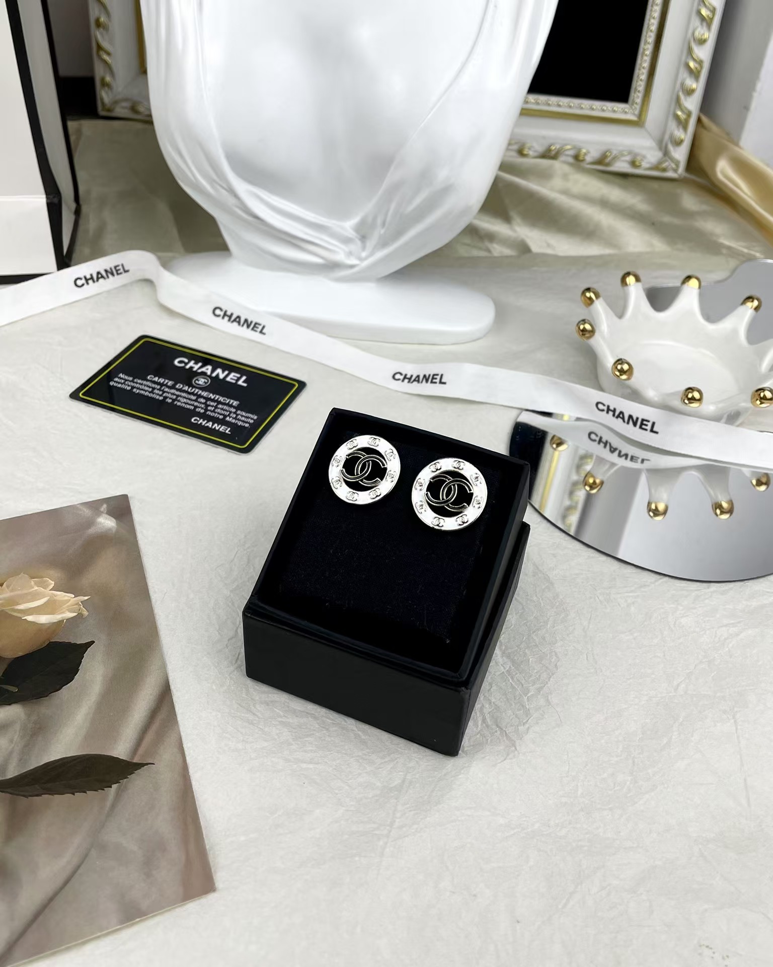 Chanel Round White and Black Enamel Stud Earrings - Image 4