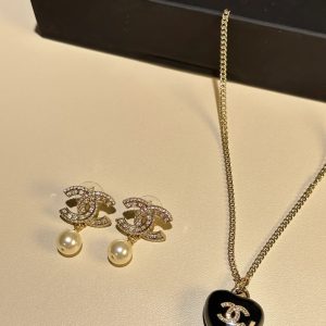 Chanel Black Heart Pendant Necklace and CC Pearl Drop Earrings