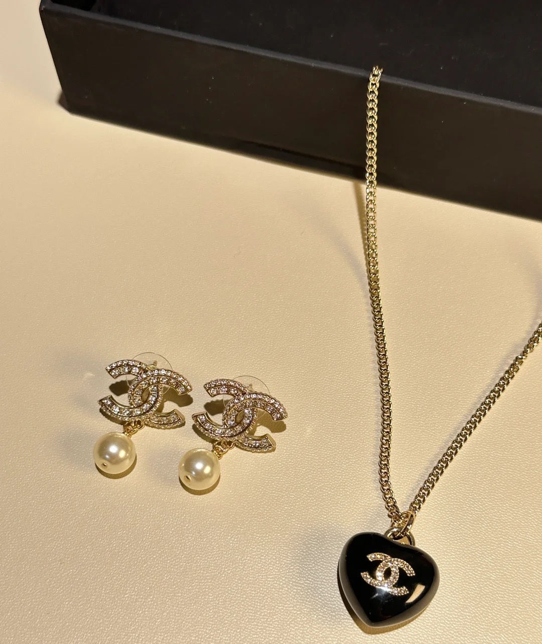 Chanel Black Heart Pendant Necklace and CC Pearl Drop Earrings