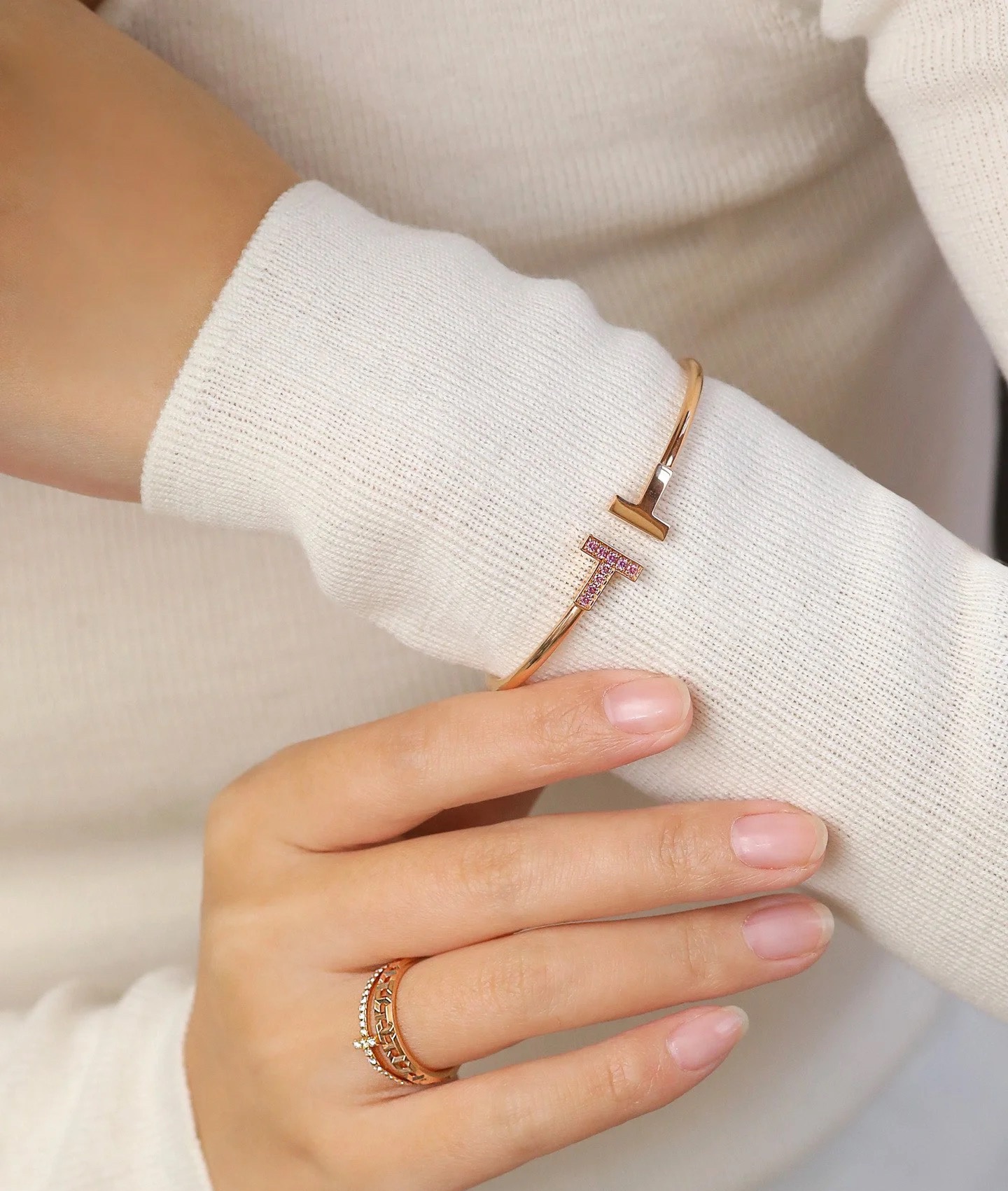 Tiffany Paved Pink Diamond Double T Bangle Bracelet - Image 7