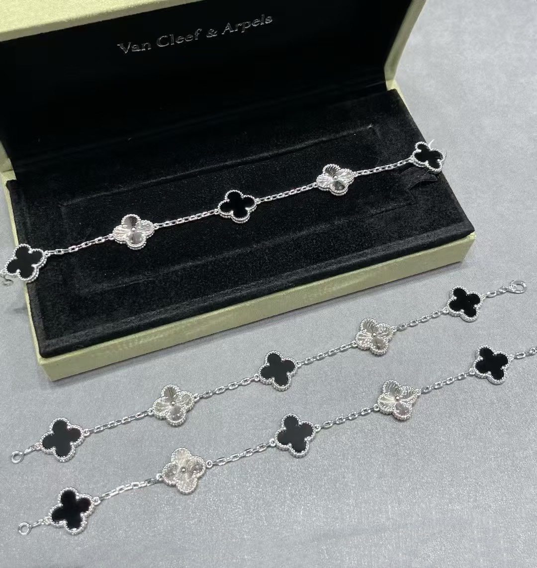 VCA Black Onyx & Silver Vintage Alhambra Bracelet, 5 Motifs - Image 2