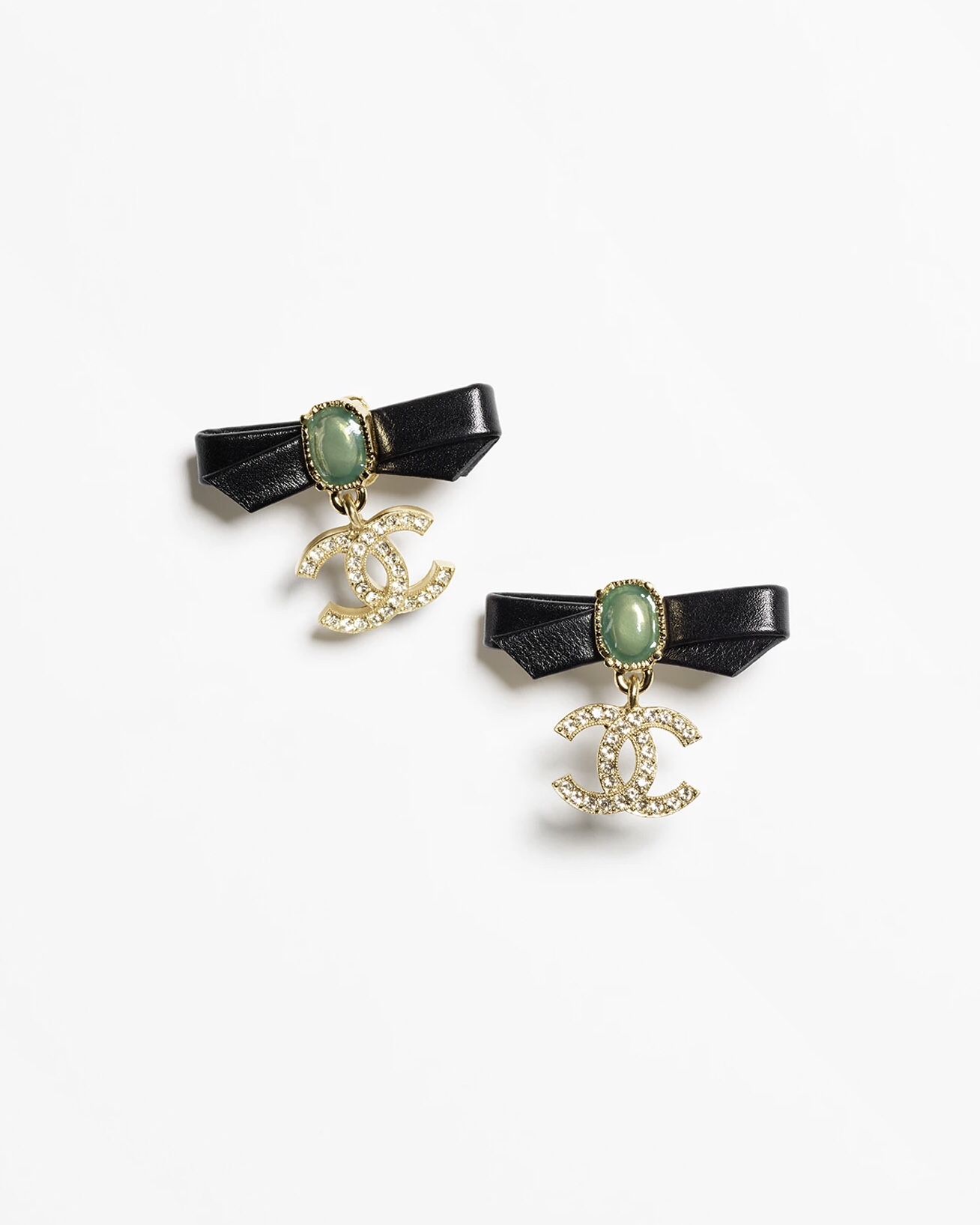 Chanel Leather Bow Green Pearl CC Dangle Earrings - Image 2