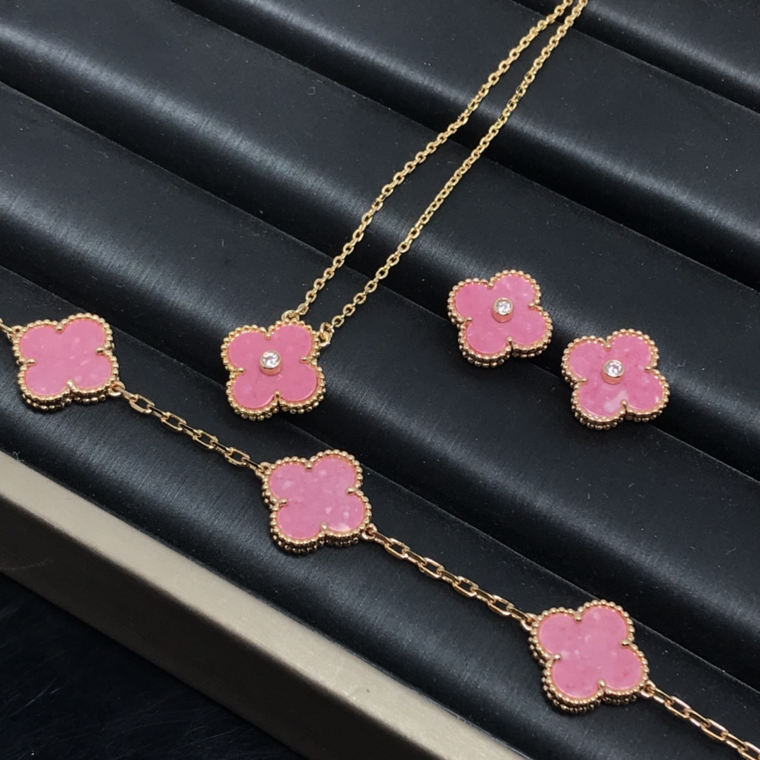 VCA Pink Vintage Alhambra Earrings Bracelet Necklace