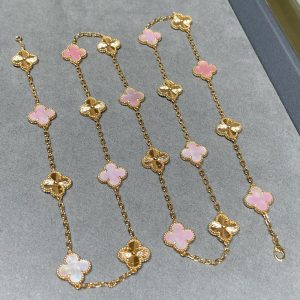 VCA Gold Mixed Pink Clover Vintage Alhambra Long Necklace, 20 Motifs