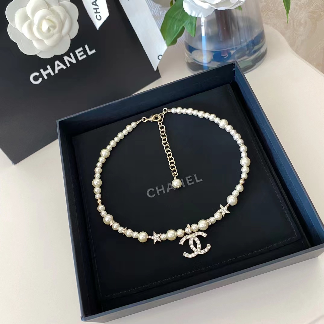 Chanel Star Double C Pendant Pearl Necklace