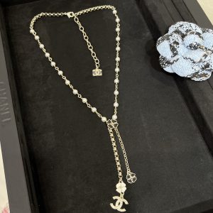 Chanel Black and White Camellia Tassel Drop Pearl Y Necklace