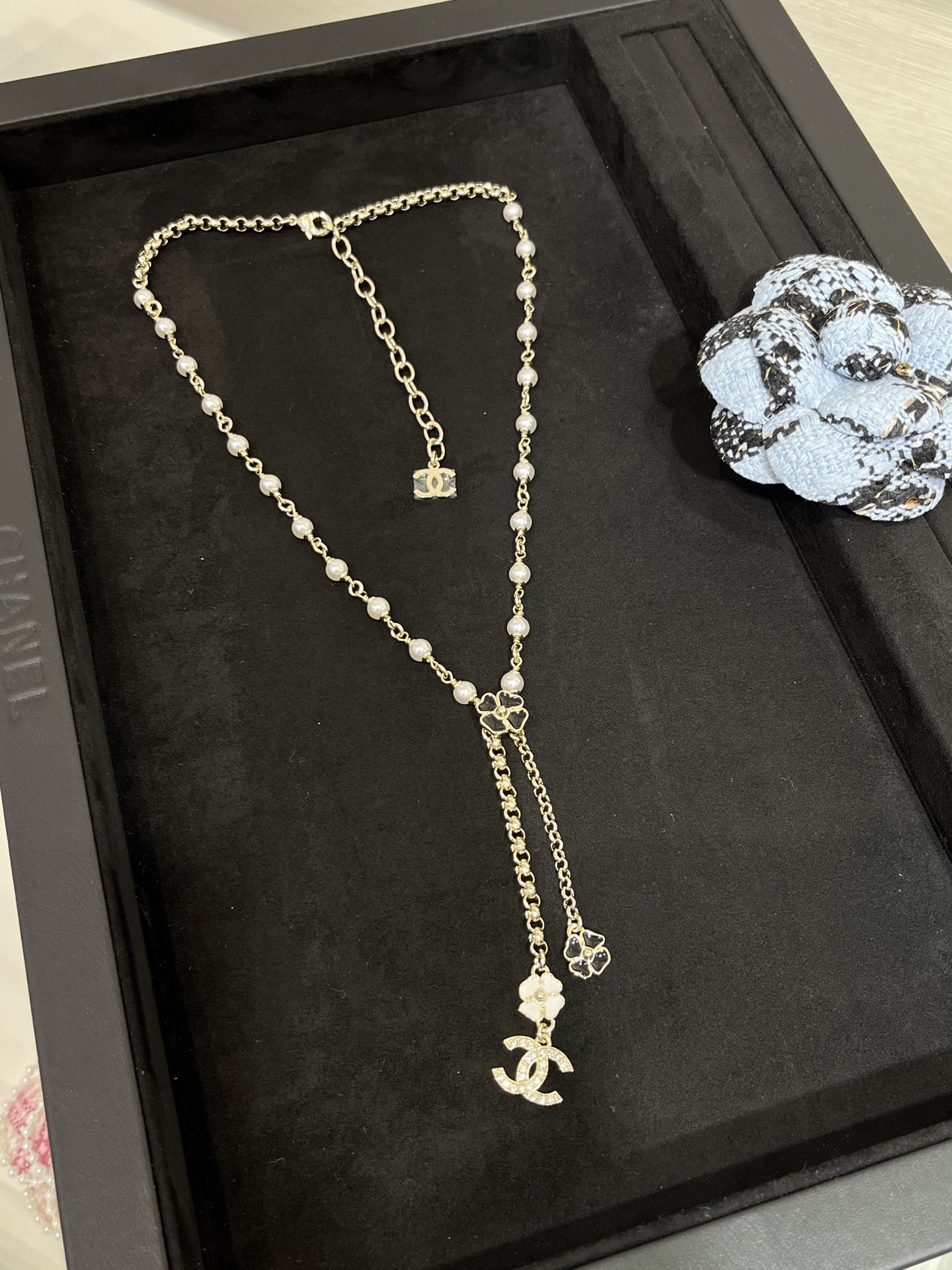 Chanel Black and White Camellia Tassel Drop Pearl Y Necklace