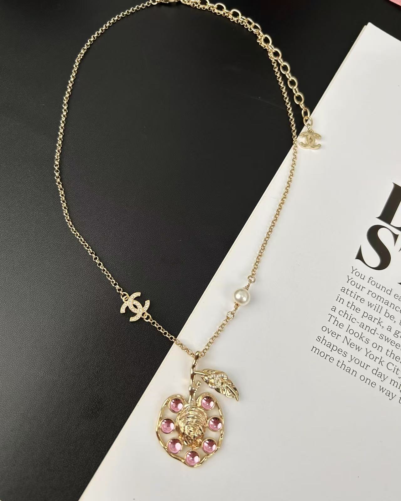 Chanel Pink Rhinestone Peach Pendant Necklace - Image 5