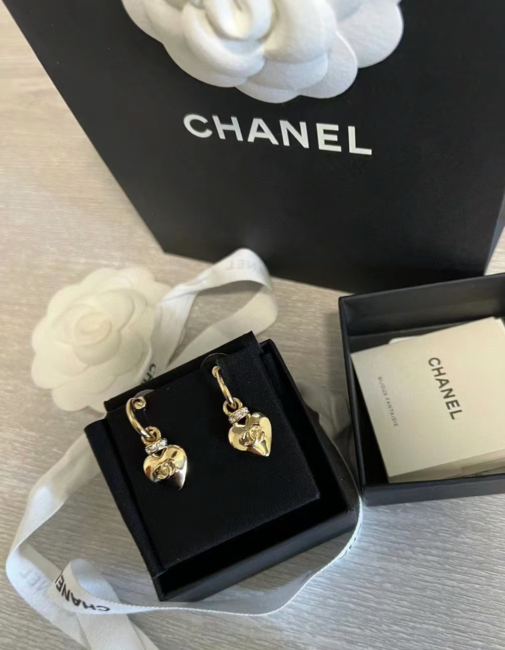 Chanel Gold Hoop with Heart Dangle Earrings - Image 5
