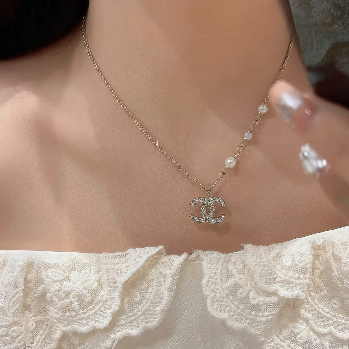Chanel Pearl Paved CC Pendant Necklace - Image 3