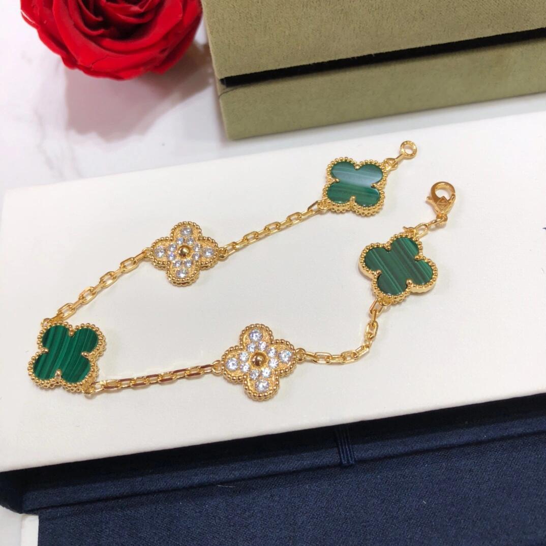 VCA Diamond and Malachite Vintage Alhambra Bracelet in Gol-tone, 5 Motifs - Image 4