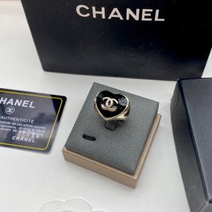 Chanel Black Enamel Heart Light Gold Ring