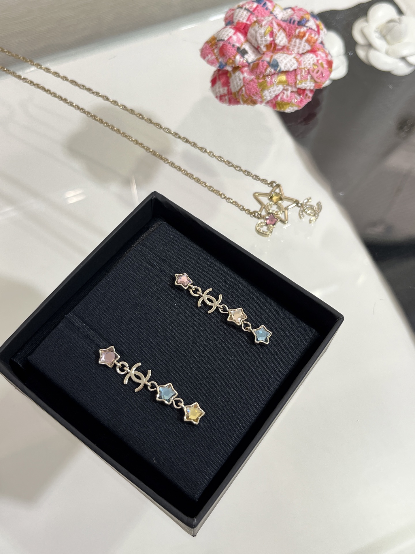Chanel Asymmetric Colorful Crystal Star Tassel Earrings - Image 3