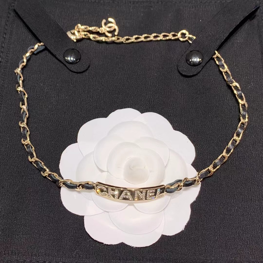 Chanel Leather Cuban Chain Choker Necklace