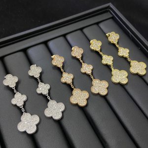 VCA Paved Full Diamond Long Clover Earrings