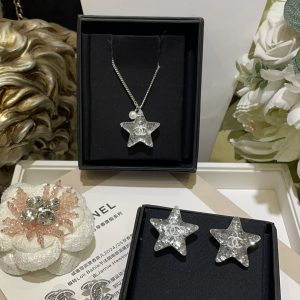 Chanel Silver Shiny Star Necklace and Earrings