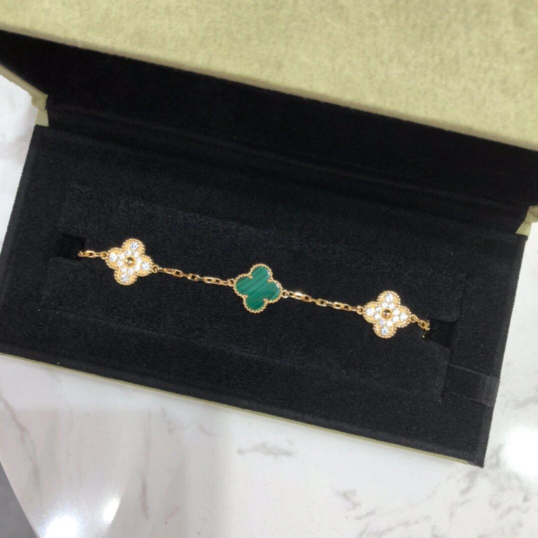 VCA Diamond and Malachite Vintage Alhambra Bracelet in Gol-tone, 5 Motifs - Image 2