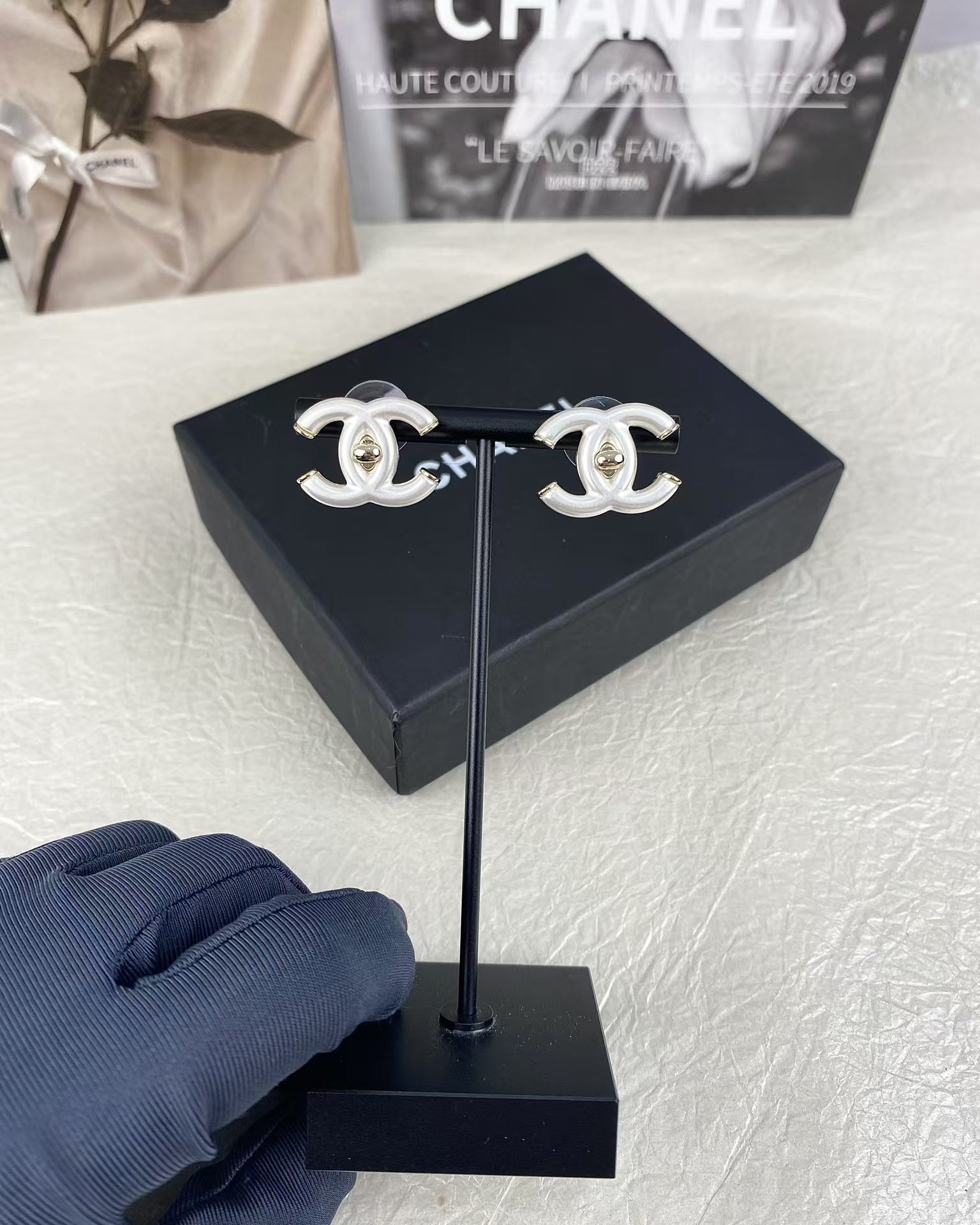 Chanel White Double C Stud Earrings - Image 6