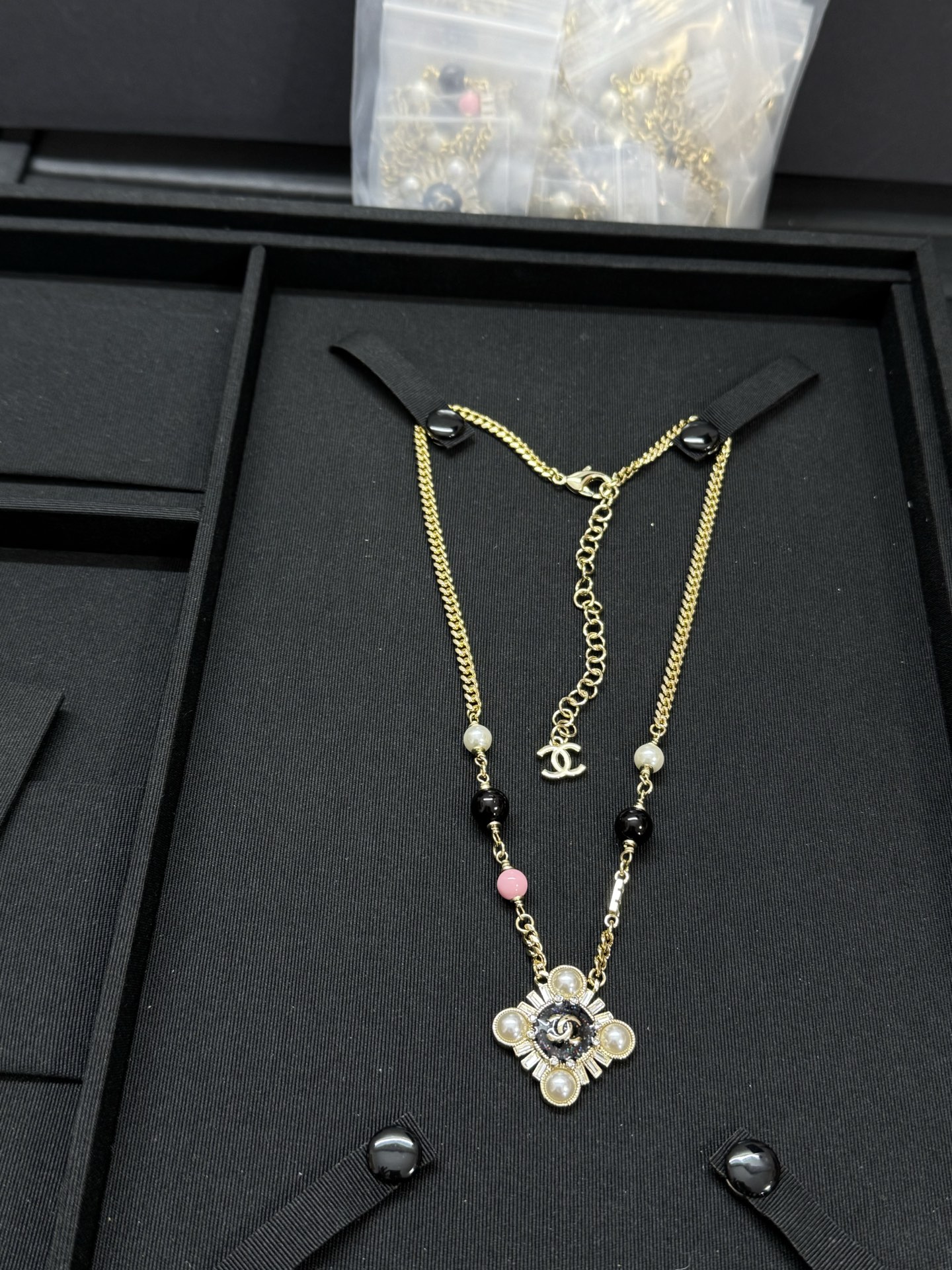 Chanel Pearl Paved Rhombic Pendant Necklace